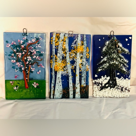 3 Fused Glass Tree Wall panels.Handmade depicting 3 seasonsSpring Fall Winter